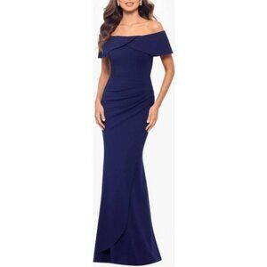 Xscape Navy Blue Crossover Off The Shoulder Stretch Crepe Gown